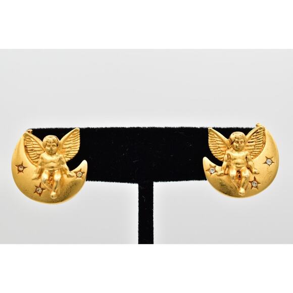 Givenchy Vintage Angel Clip On Earrings Brushed Gold Cherub Moon Signed BinBB